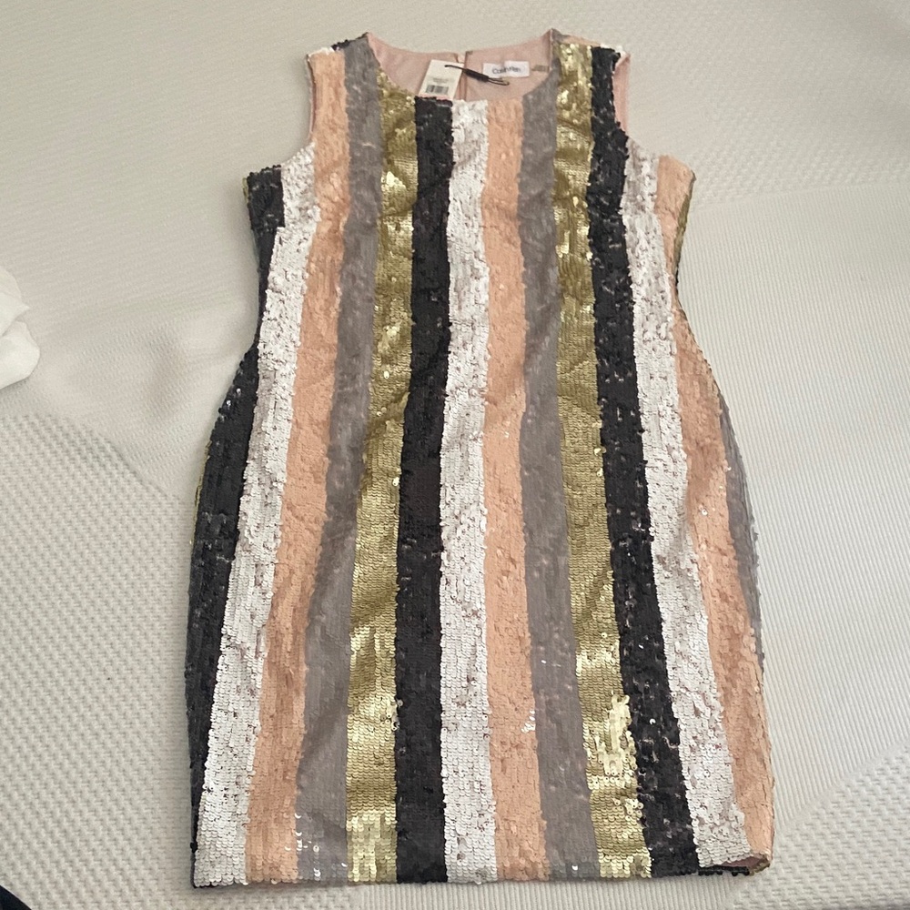 Calvin Klein Sequin Striped Midi Dress - Gold, Black, White, Pink
